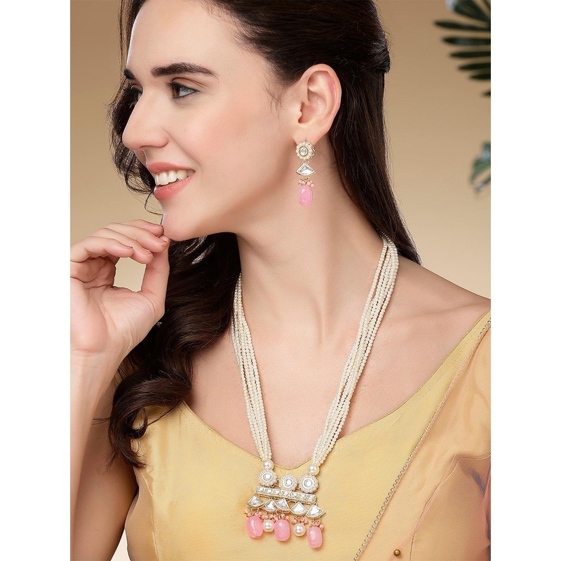 KARATCART Gold-Plated Pink Kundan-Studded Jewellery Set