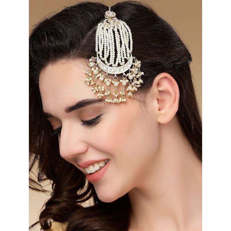 KARATCART Gold-Plated & White Kundan Studded & Beaded Jhumar Passa