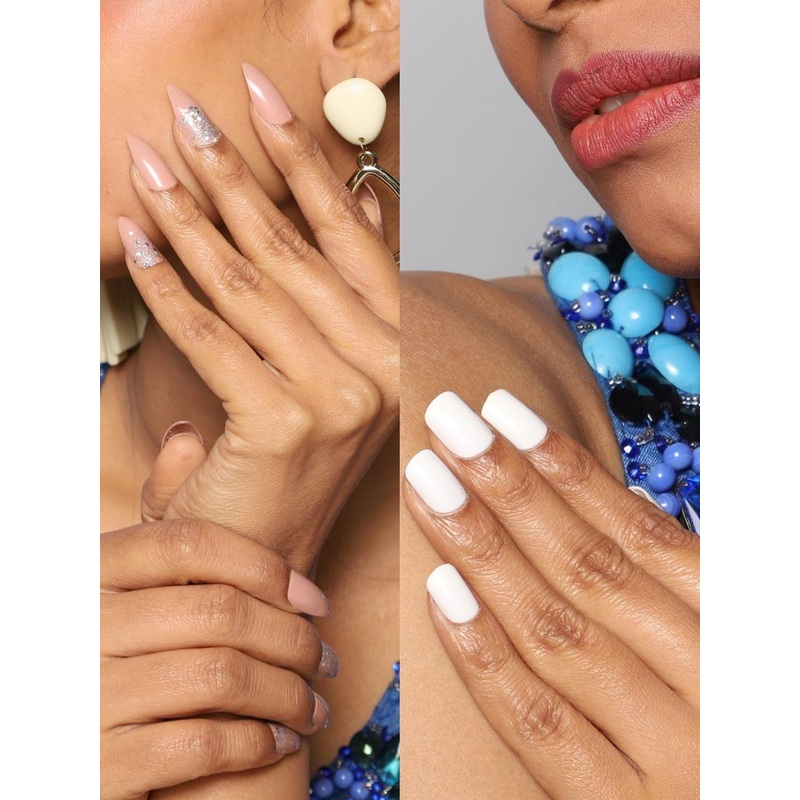 LICK Pack Of 2 Acrylic Press on Nails With Quick Dry Glue – Snow White & Beige Sparkles