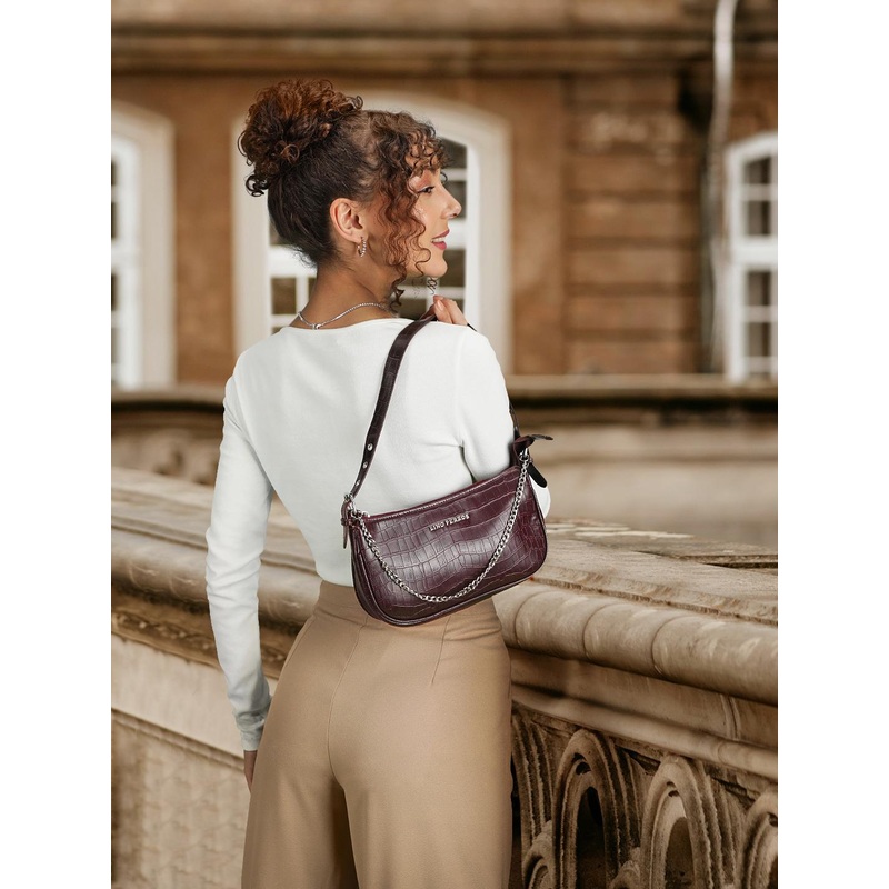 Lino Perros Coffee Brown Croc Textured Baguette Bag