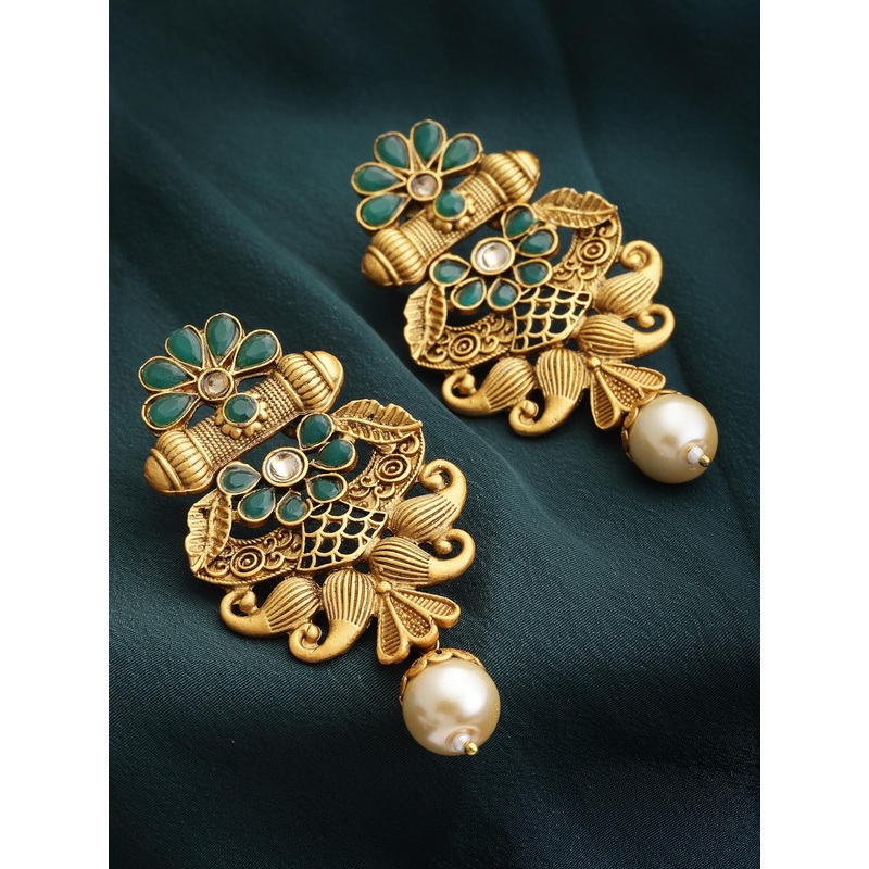PANASH Gold-Toned & Green Contemporary Drop Earrings