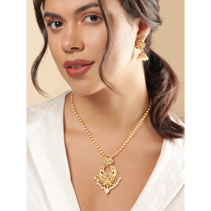 Rubans 18K Gold Plated Golden Bead & White Pearl Drop Chandbali Pendant Jewellery Set