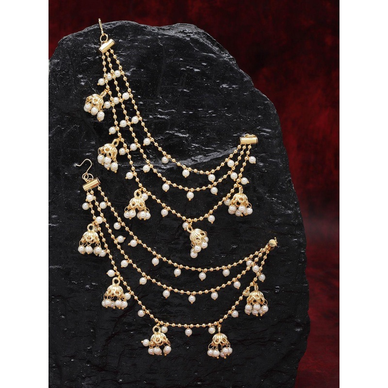 Sanjog Gold-Plated Pearls Studded Classic Layered Ear Chain Ear Cuff 5 Jhumki Jhumka Earring