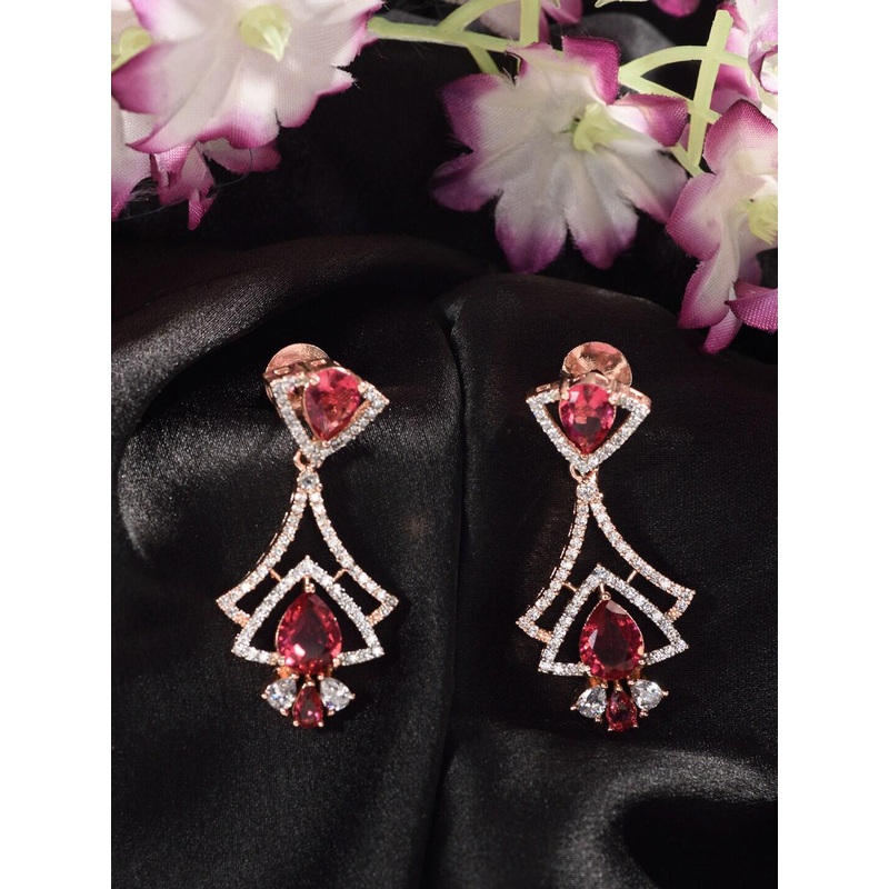 Saraf RS Jewellery Red & Rose Gold Plated AD Studded Triangular Drop Earrings