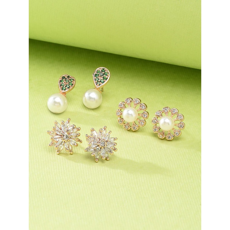 Zaveri Pearls Women Set of 3 Gold-Plated CZ Stone Studs