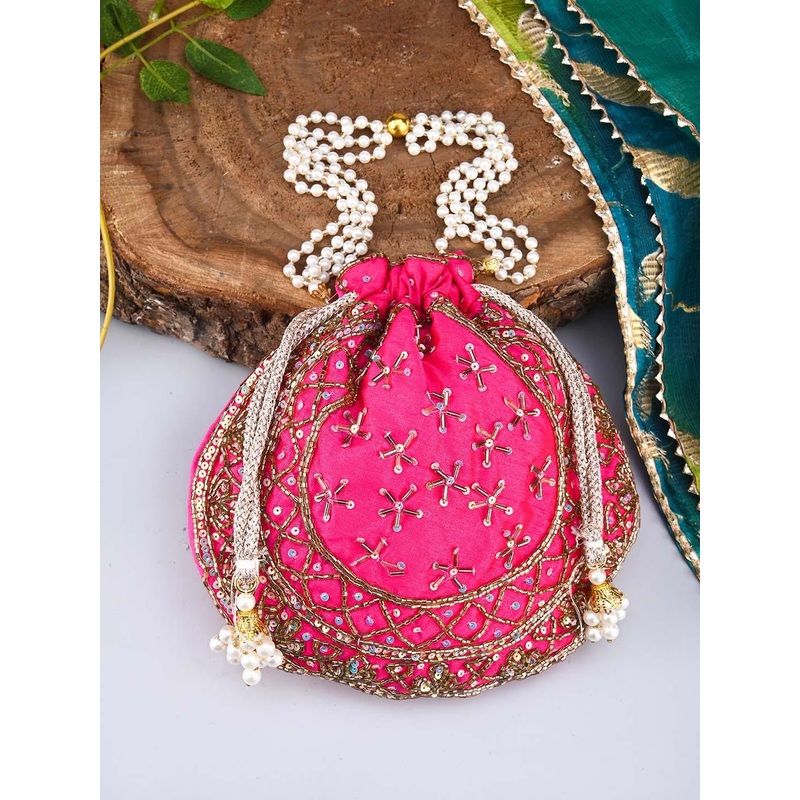 Anouk Pink Embroidered Embellished Potli Clutch