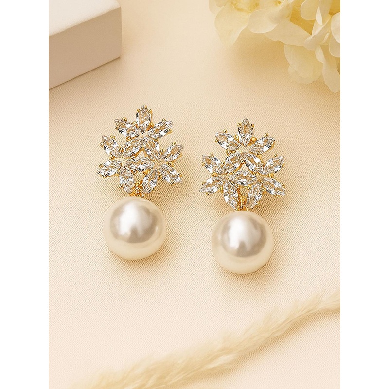 Bohey by KARATCART Gold-Plated  AD Studded & Pearls Beaded Spherical Drop Earrings