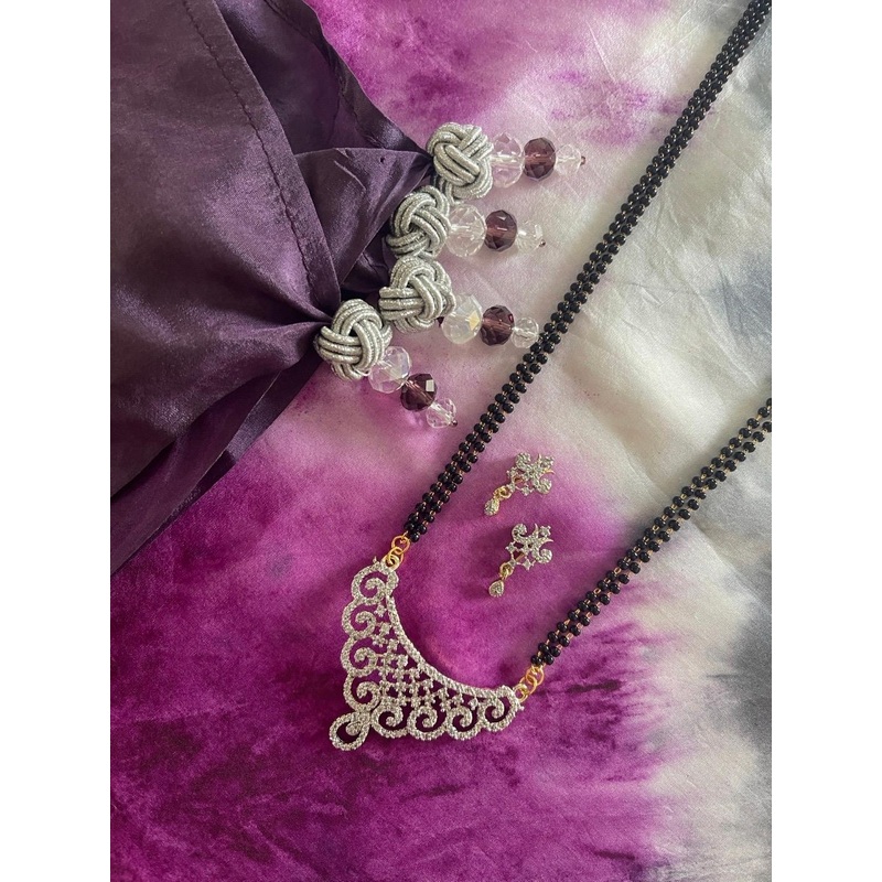 Digital Dress Room Women Gold-Plated White & Black Beaded Mangalsutra With Earrings