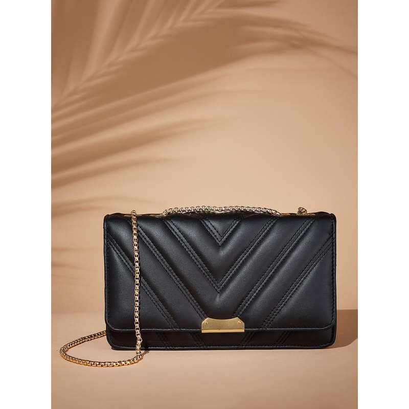 DressBerry Black PU Structured Sling Bag with Quilted