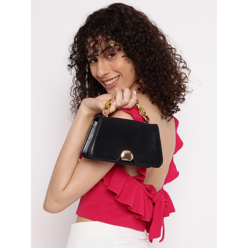 Fastrack Women Black PU Solid Satchel with Gold Metal Chain and detachable sling strap
