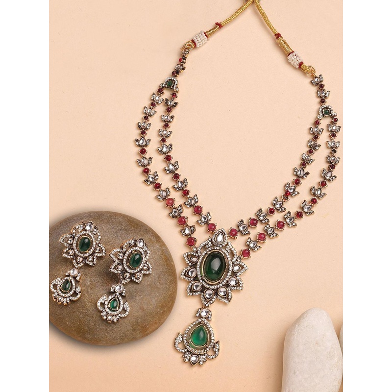KARATCART Antique Gold Plated Green Stone Floral Design Necklace & Earrings