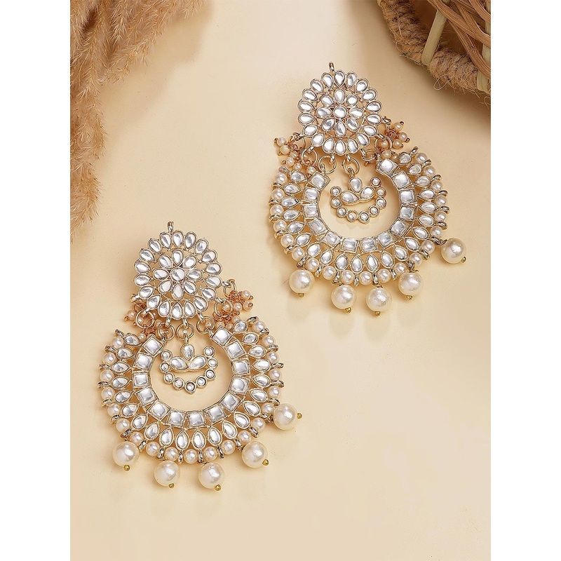 KARATCART White Gold-Plated Classic Pearl Drop Kundan Chandbalis Earrings