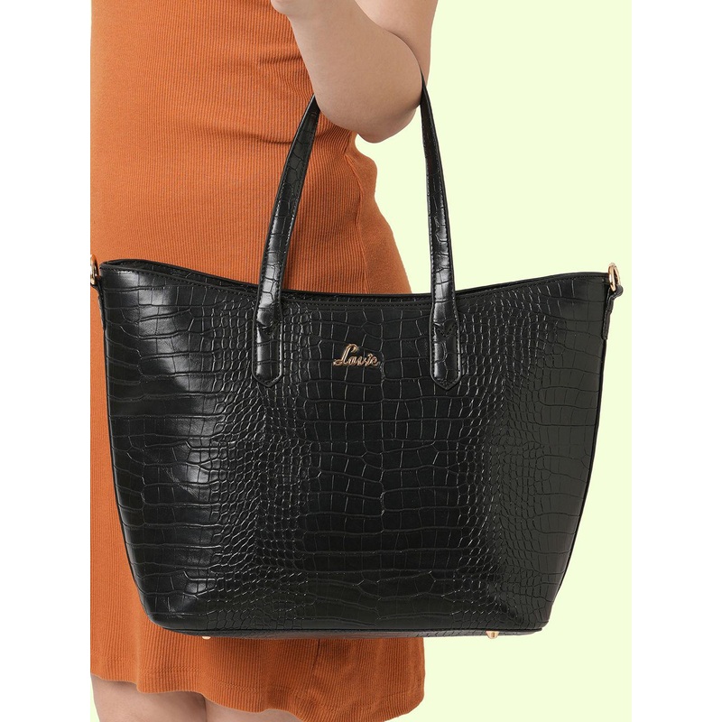 Lavie Women Hailon Black Animal Textured PU Structured Large Tote Bag
