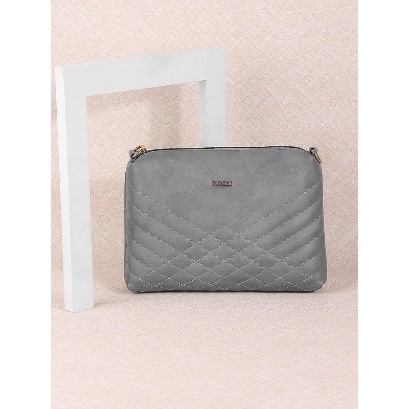 Mochi Grey Embellished Structured Sling Bag with Quilted