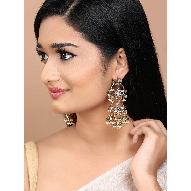 Rubans 18K Mehandi Gold-Plated Pink & White Kundan Studded Chandbali-Jhumka Hybrid Earring