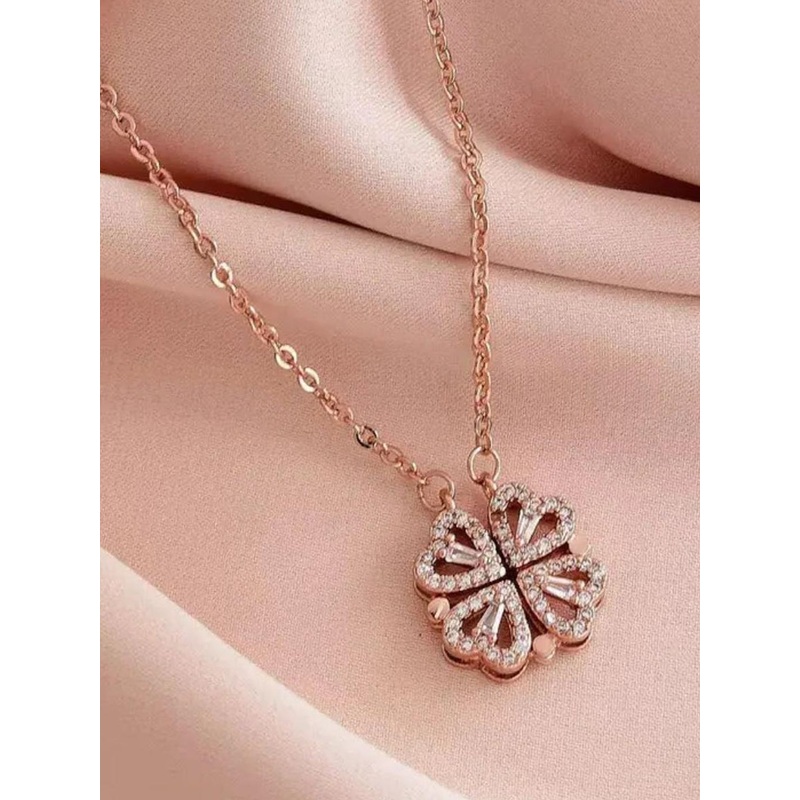 SALTY Pack of 2 Women Hyacinth 4-pcs Zircon Heart Magnetic Clover Necklace – Rose Gold
