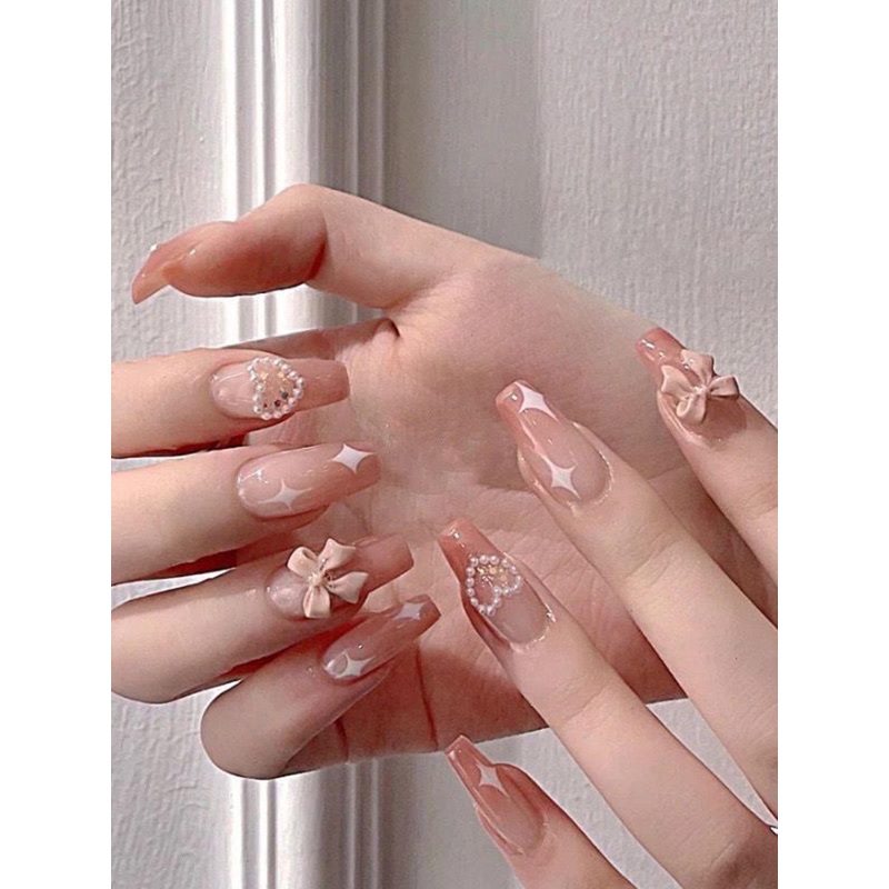 The Pink Truck Set Of 24 Stick On Reusable Bowknot Design Artificial Nails- Beige