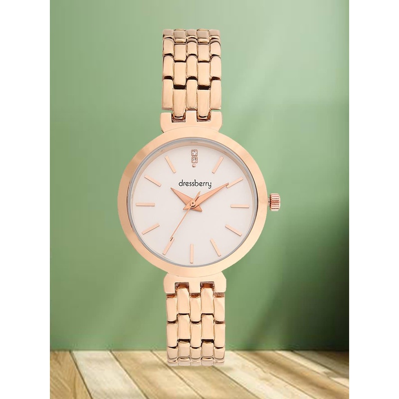 DressBerry Women White Dial & Rose Gold Toned Bracelet Style Analogue Watch HOBDB-138-RG