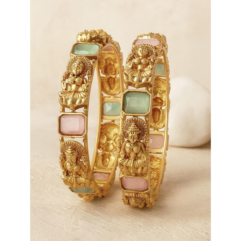 KARATCART Women Set of 2 Gold-Toned & Blue Rajwadi Gold Plated Temple Bangles