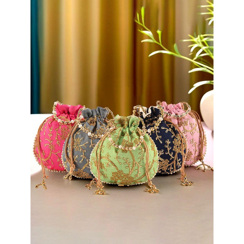 Kuber Industries Set Of 5 Embroidered Jute Potli Clutch