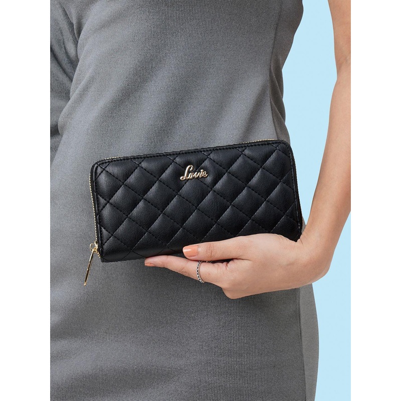 Lavie Quilt Eden Black & Gold-Toned Textured Zip Around Wallet