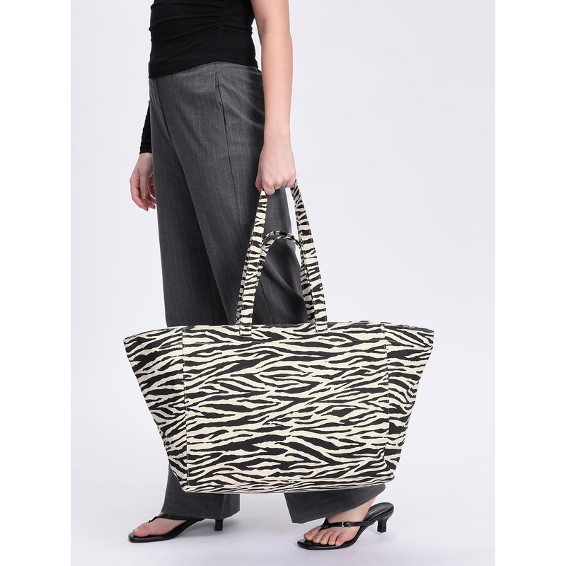 MANGO Zebra Printed Oversized Pure Cotton Shopper Tote Bag