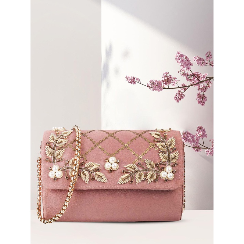 Mochi Pink & Gold-Toned Embellished Sling Bag