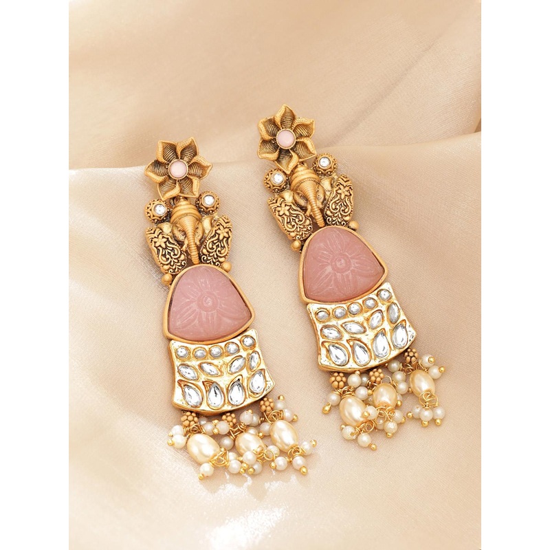 Rubans 18K Gold-Plated Pastel Pink Gemstone & Kundan Studded Ganesh Motif Drop Earrings