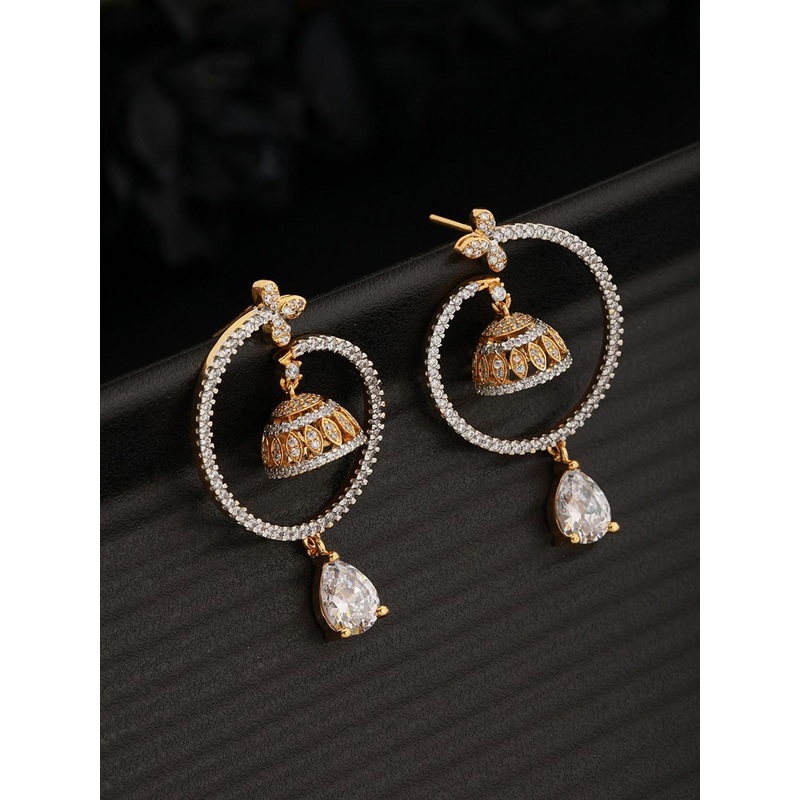 Saraf RS Jewellery Gold-Plated American Diamond Studded Jhumkas