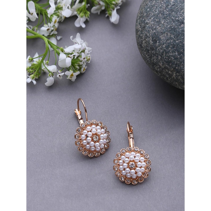 SOHI Gold-Plated White Stone & Pearls Studded Floral Drop Earrings