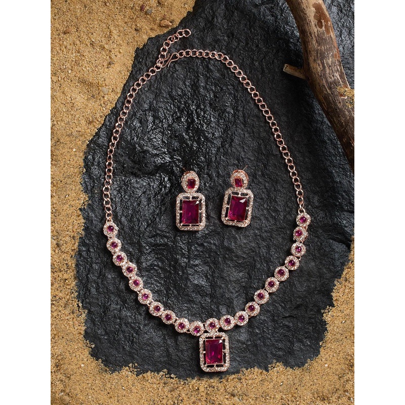 Zaveri Pearls Rose Gold-Plated Dazzling Austrian Diamond Stone Studded Jewellery Set