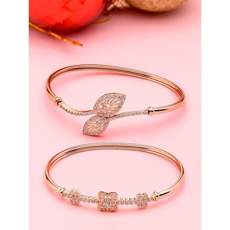 Zaveri Pearls Women Pack of 2 Rose Gold Plated Brass Cubic Zirconia Kada Bracelet