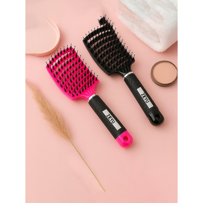 Zeyu Set Of 2 Detangler Pain-Free Boar & Nylon Bristle Hair Brush