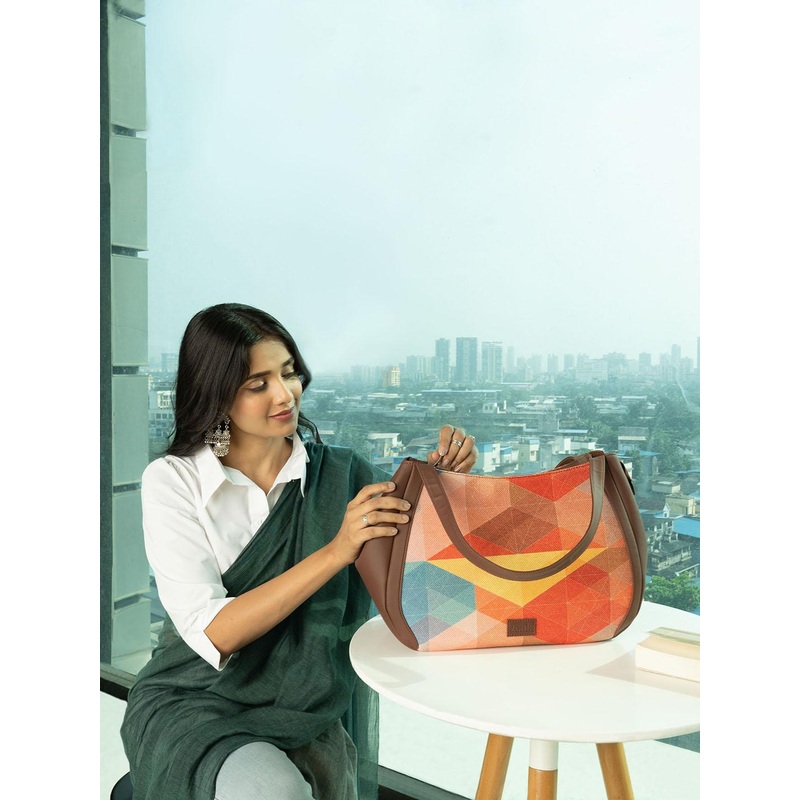 ZOUK Geometric Printed Oversized Jute Structured Shoulder Bag