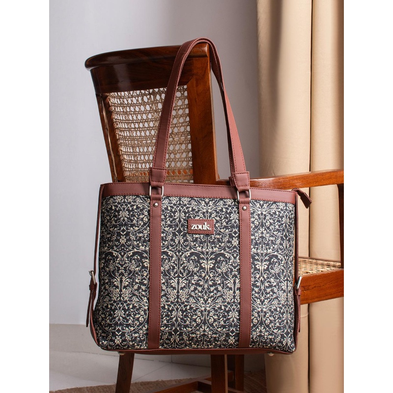 ZOUK Navy Blue & Beige Floral Print Handcrafted 16 Inch Sustainable Laptop Tote Bag