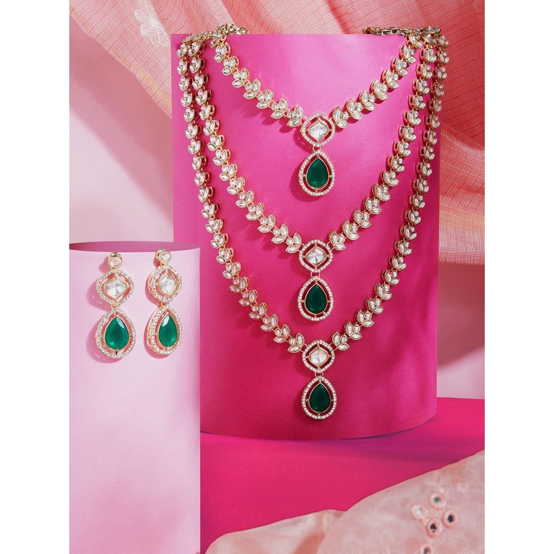 AMI Gold-Plated Austrian Diamonds Stone-Studded Layered Jewellery Set