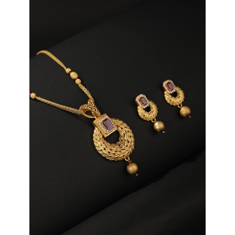 Priyaasi Gold-Plated Maroon & White Ruby & AD-Studded & Beaded Handcrafted Jewellery Set