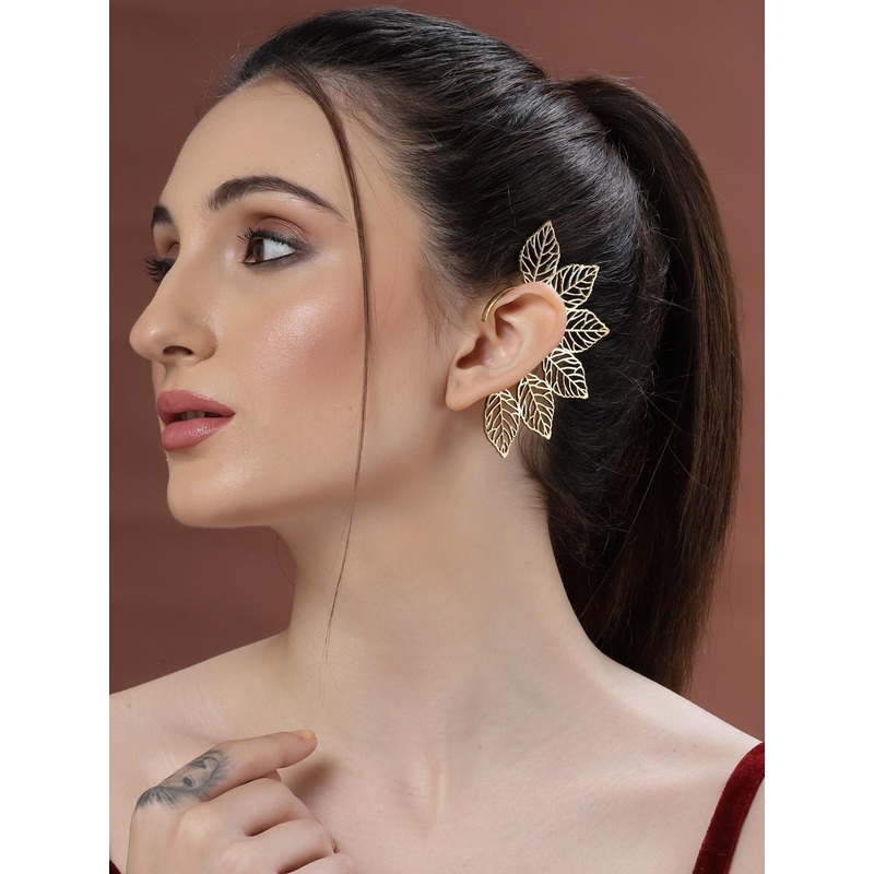Sanjog Gold-Plated Contemporary Leafy Statement Ear Cuffs Earring