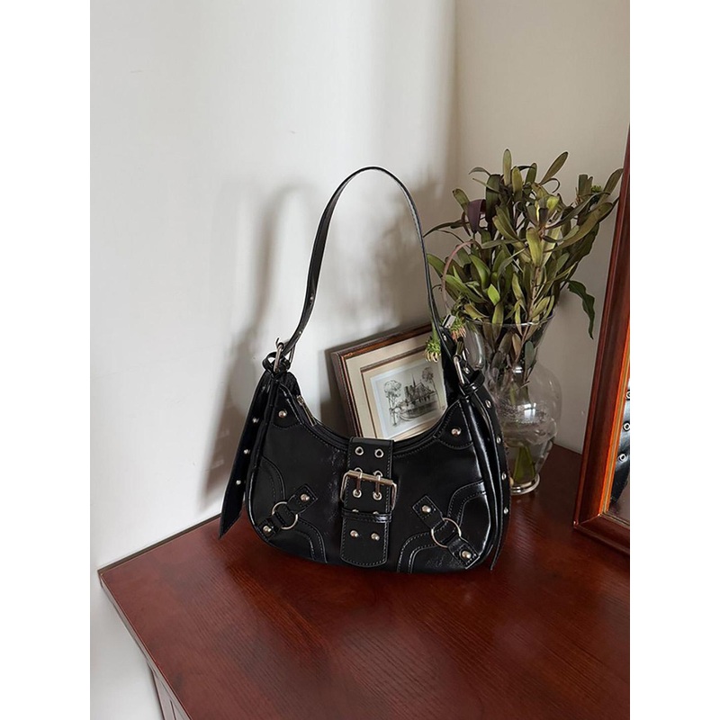 StyleCast x Revolte Women Textured Half Moon Hobo Bag With Buckle Detail