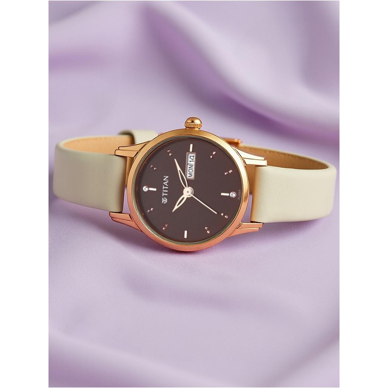 Titan Women Brown Brass Embellished Dial & Grey Leather Straps Analogue Watch 2656WL01
