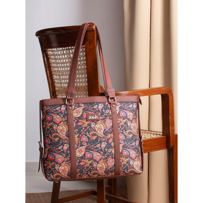 ZOUK Navy Blue & Pink Printed Vegan Leather Sustainable Shoulder 16 Inch Laptop Tote Bag