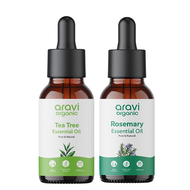 Aravi Organic Set of 100% Pure Rosemary & Tea Tree Essential Oil for Hair & Acne Care