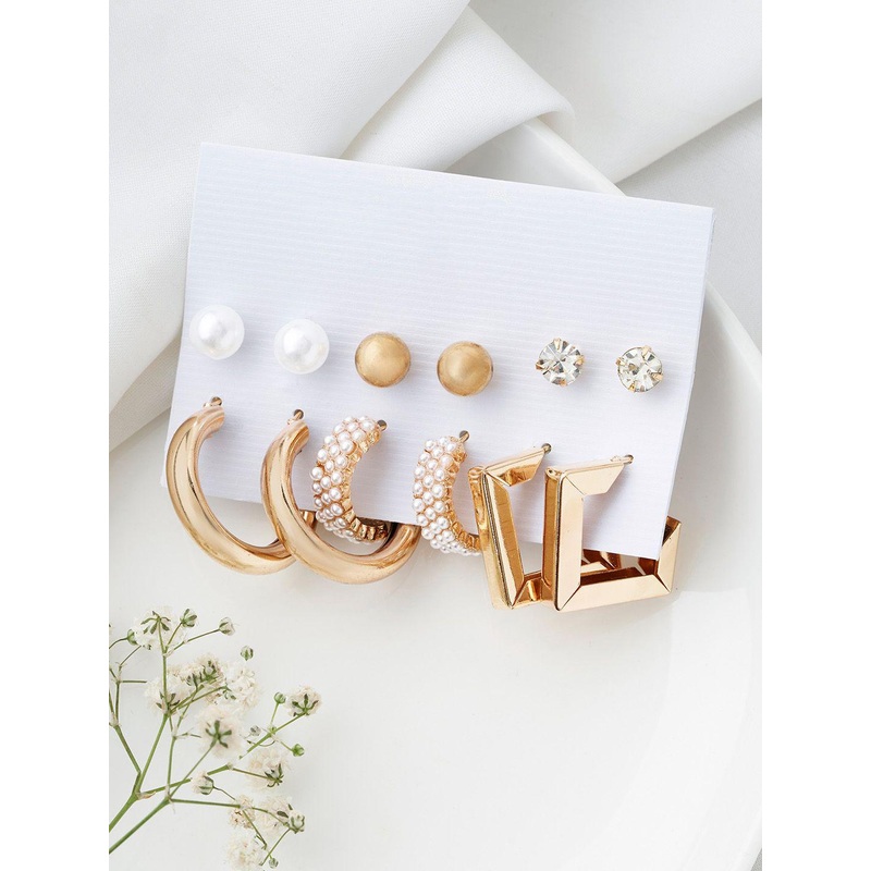 JOKER & WITCH Set Of 6 Gold-Plated Stone Studded Contemporary Hoop Earrings