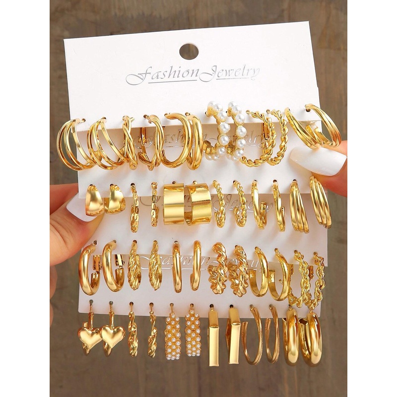 Shining Diva Fashion Set Of 24 Gold-Plated Beaded Contemporary Hoop Earrings