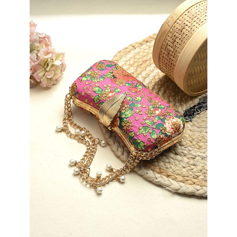Toobacraft Floral Embroidered Beads & Stones Envelope Clutch
