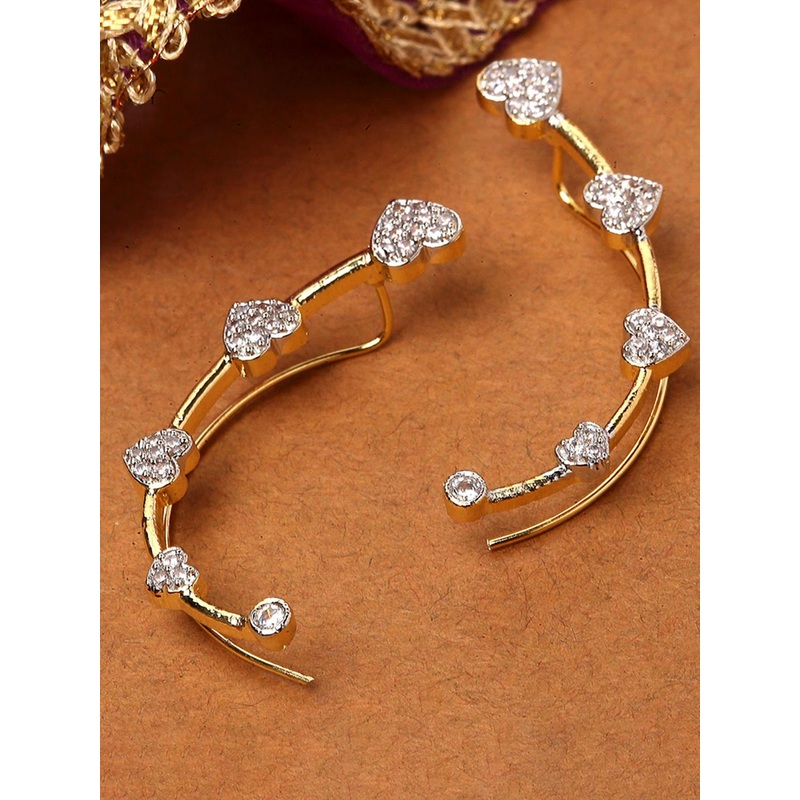 ZENEME Gold-Plated Cubic Zirconia Studded Embellished Heart Shaped Ear Cuffs Earrings