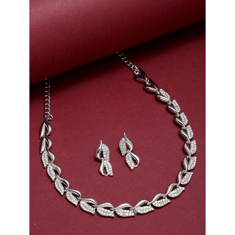 ZENEME Rhodium-plated Cubic Zirconia Studded Necklace With Earrings Jewellery Set