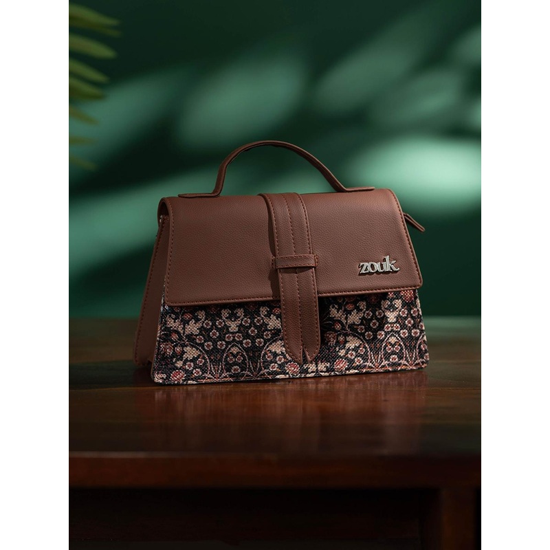 ZOUK Floral Printed Structured Satchel with Cut Work