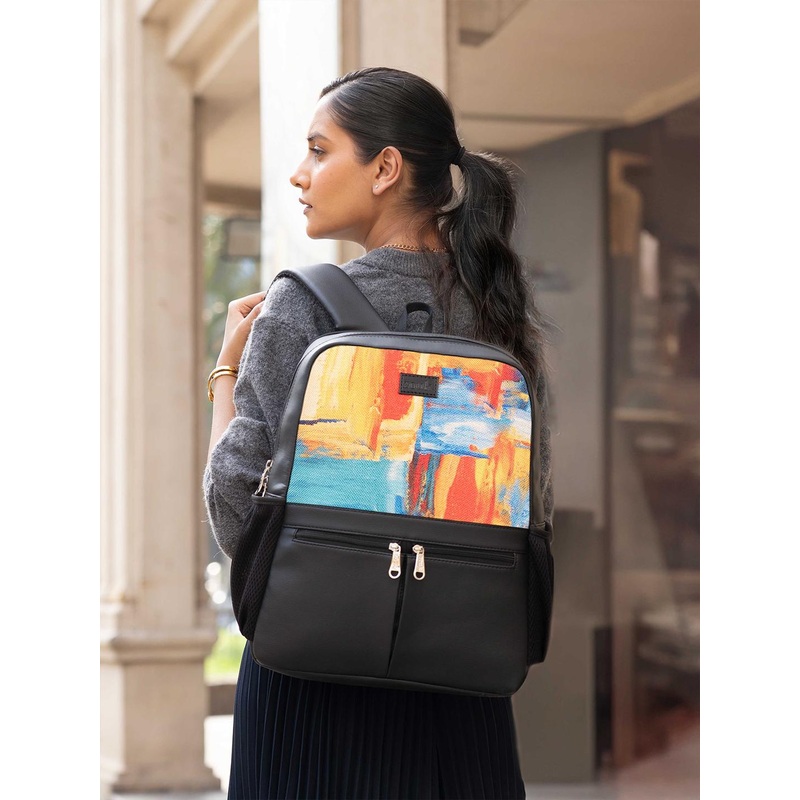 ZOUK Women Abstract Printed Vegan Leather Backpack With Compression Straps-Up to 16 inch