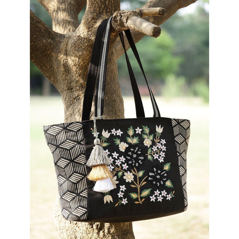 Anekaant Floral Embroidered Cotton Jacquard Tote Bag